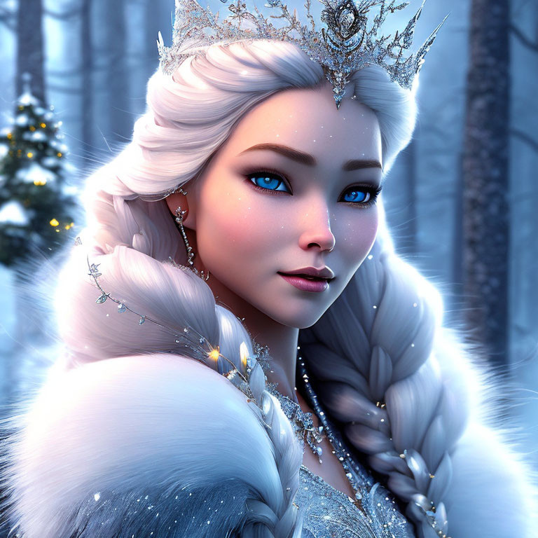 Digital artwork of a winter queen with pale skin, blue eyes, braided hair, and crown in