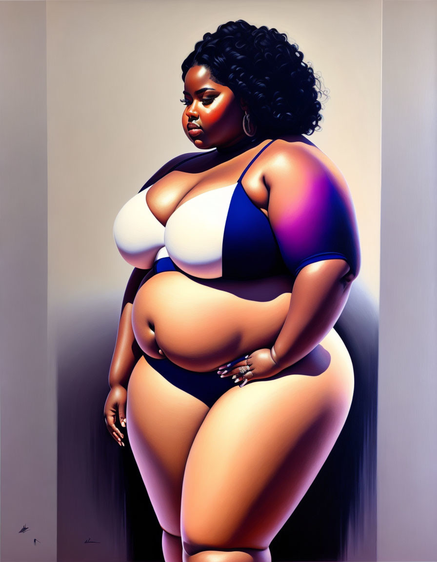 Stylized portrait of full-figured woman in two-tone bathing suit