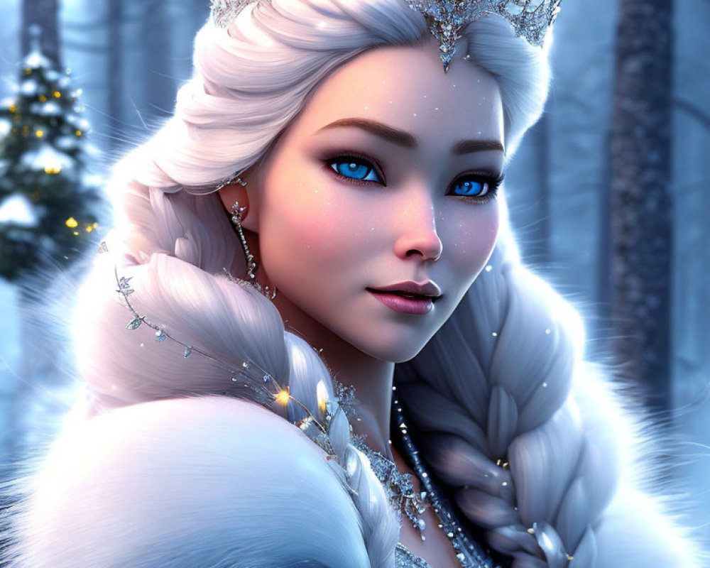 Digital artwork of a winter queen with pale skin, blue eyes, braided hair, and crown in