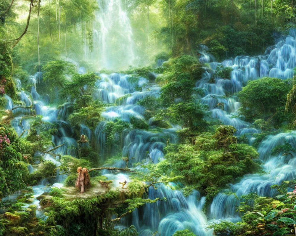 Enchanting fantasy forest with waterfalls, lush greenery, vibrant flora, and mystical figures.