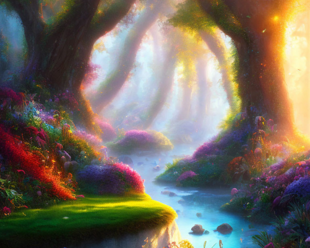 Vibrant flowers, flowing stream, sunbeams in mystical forest