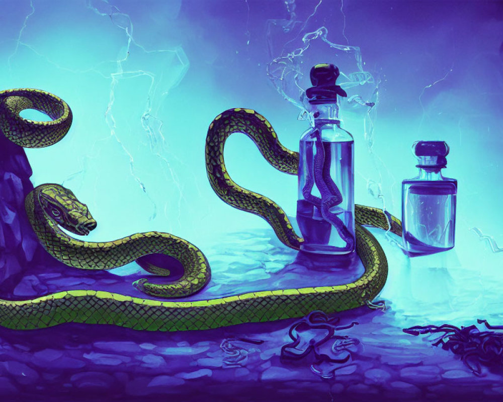 Green snake encircles potion bottle with lightning backdrop, smaller bottle and bones nearby.