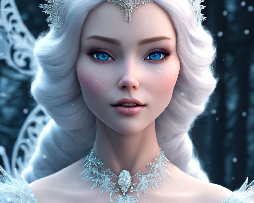 Fantasy digital artwork of pale ice queen in snowy setting