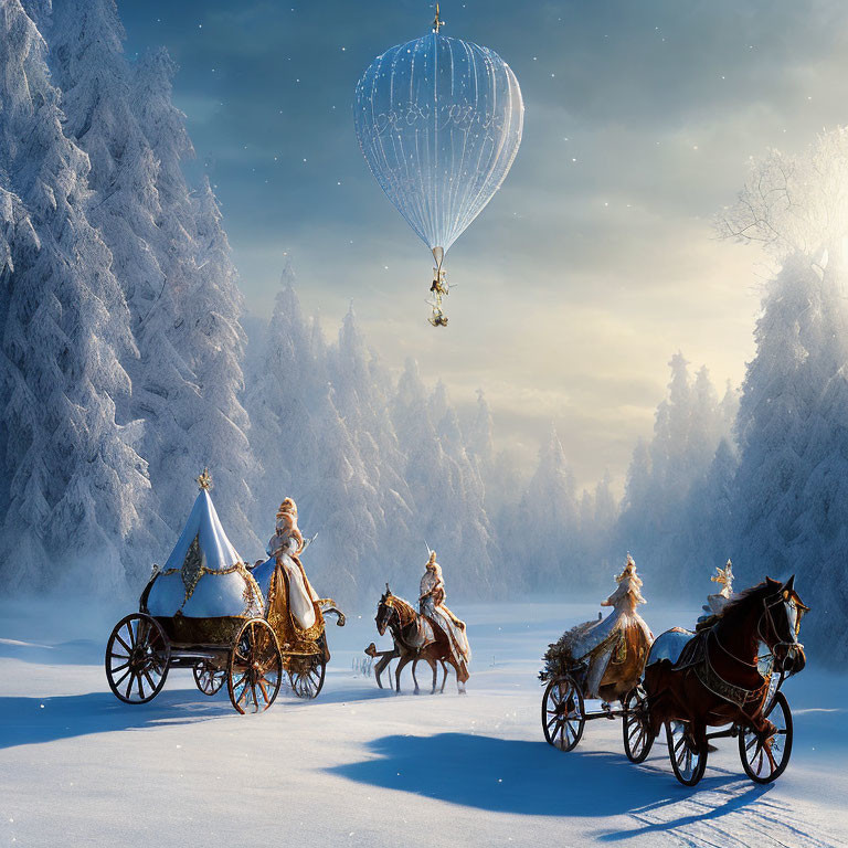 Snowy forest with horse-drawn carriages and hot air balloon in winter landscape