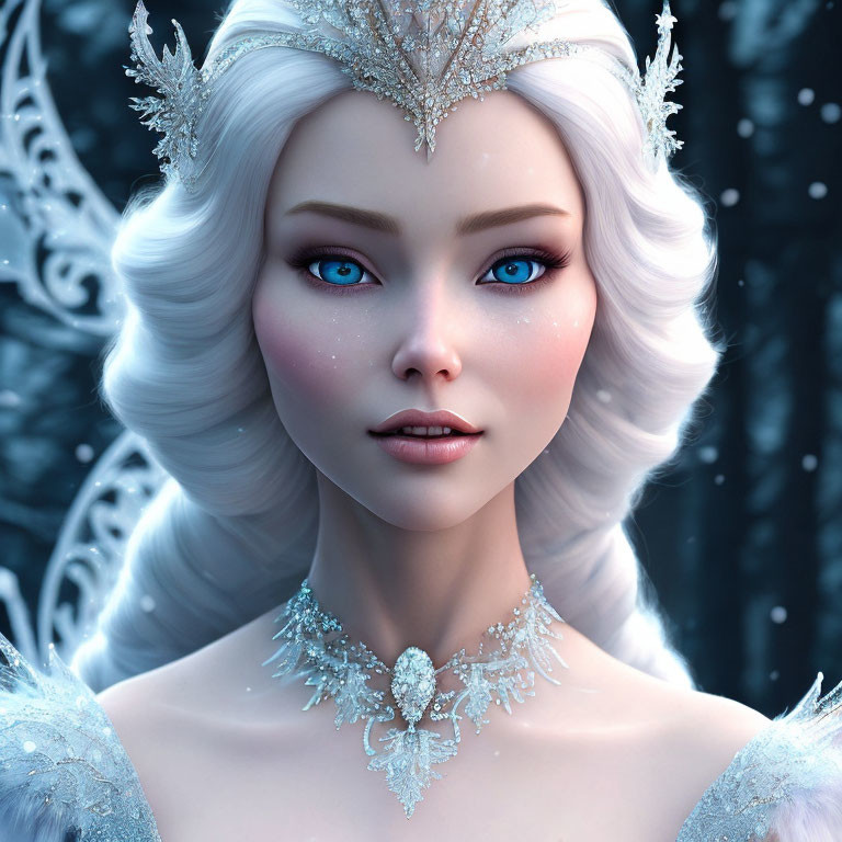 Fantasy digital artwork of pale ice queen in snowy setting