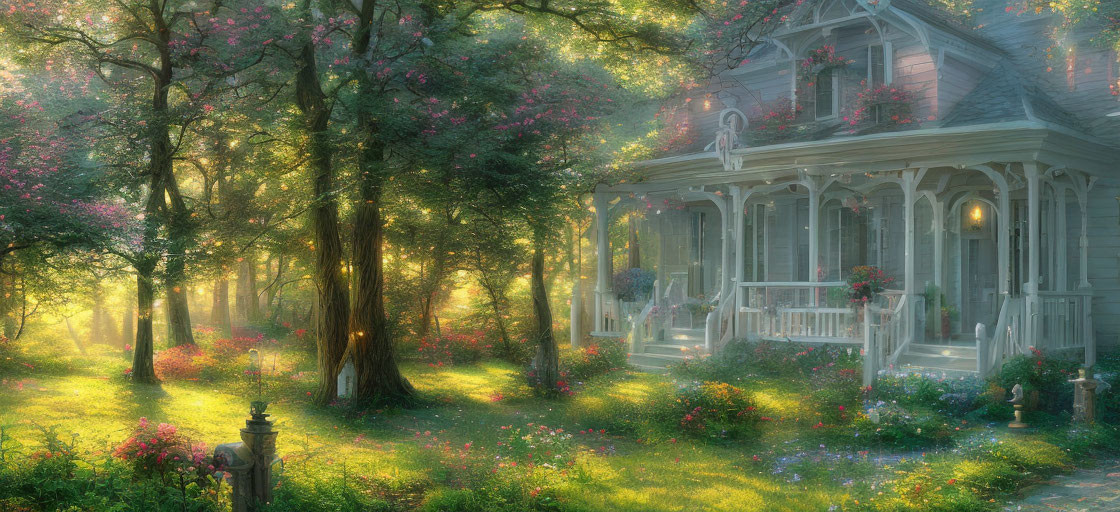 Victorian house with lush garden and blooming flowers in soft sunlight