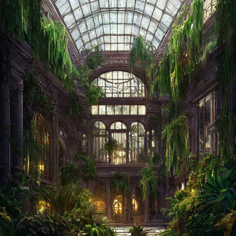 Abandoned greenhouse with intricate metal and woodwork and lush greenery