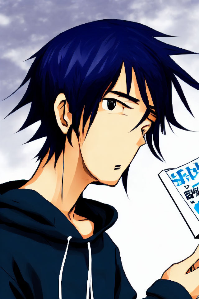 Dark Blue-Haired Person in Black Hoodie Holding Paper