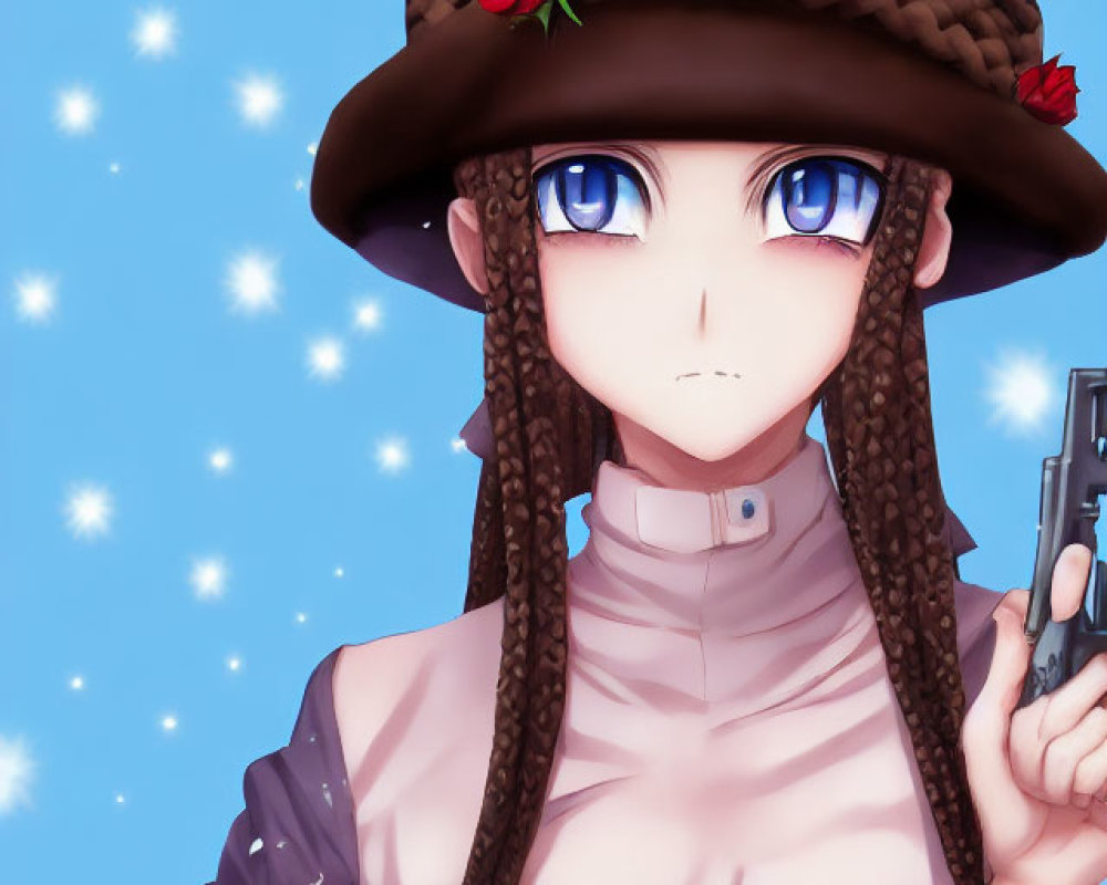 Illustrated female character with blue eyes, braided hair, brown hat with red roses, holding a