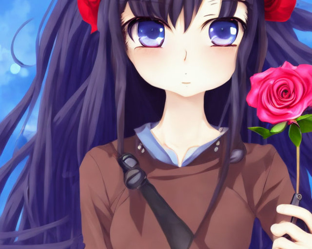 Blue-haired animated character with flower crown holding rose on blue sky background