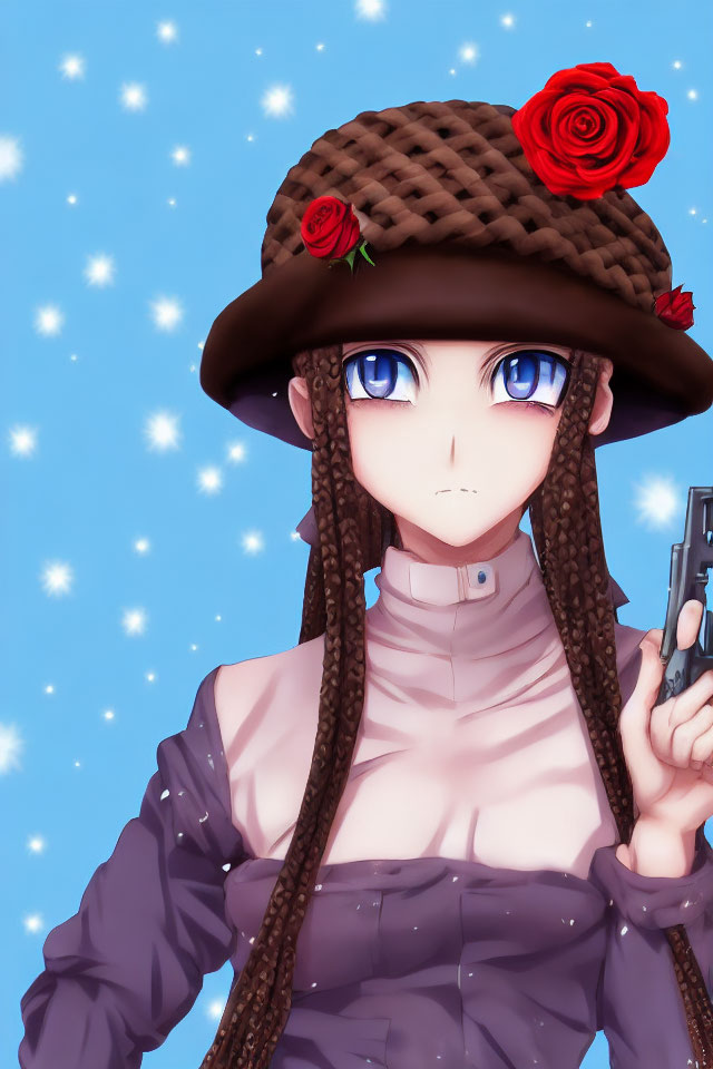 Illustrated female character with blue eyes, braided hair, brown hat with red roses, holding a