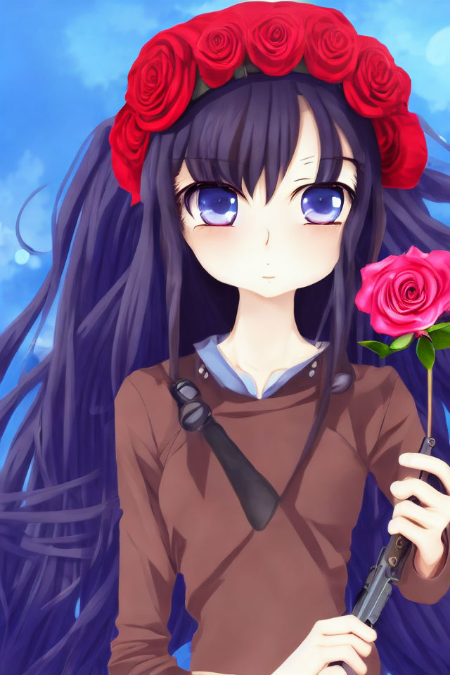 Blue-haired animated character with flower crown holding rose on blue sky background