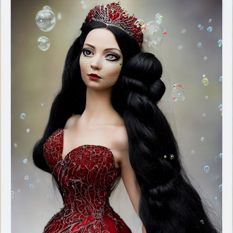 Intricately detailed doll in red dress with tiara, surrounded by soap bubbles