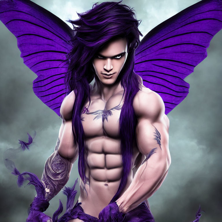 Fantasy character with purple skin, wings, tattoos, and muscular build against misty backdrop