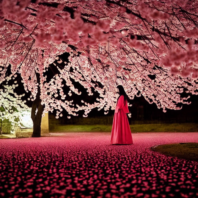 Traditional Pink Attire Figure Under Illuminated Cherry Blossoms