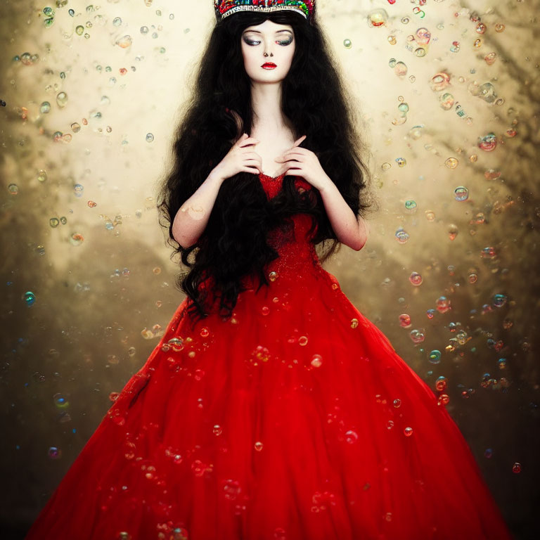 Woman in Red Gown with Elaborate Headwear Amongst Floating Bubbles