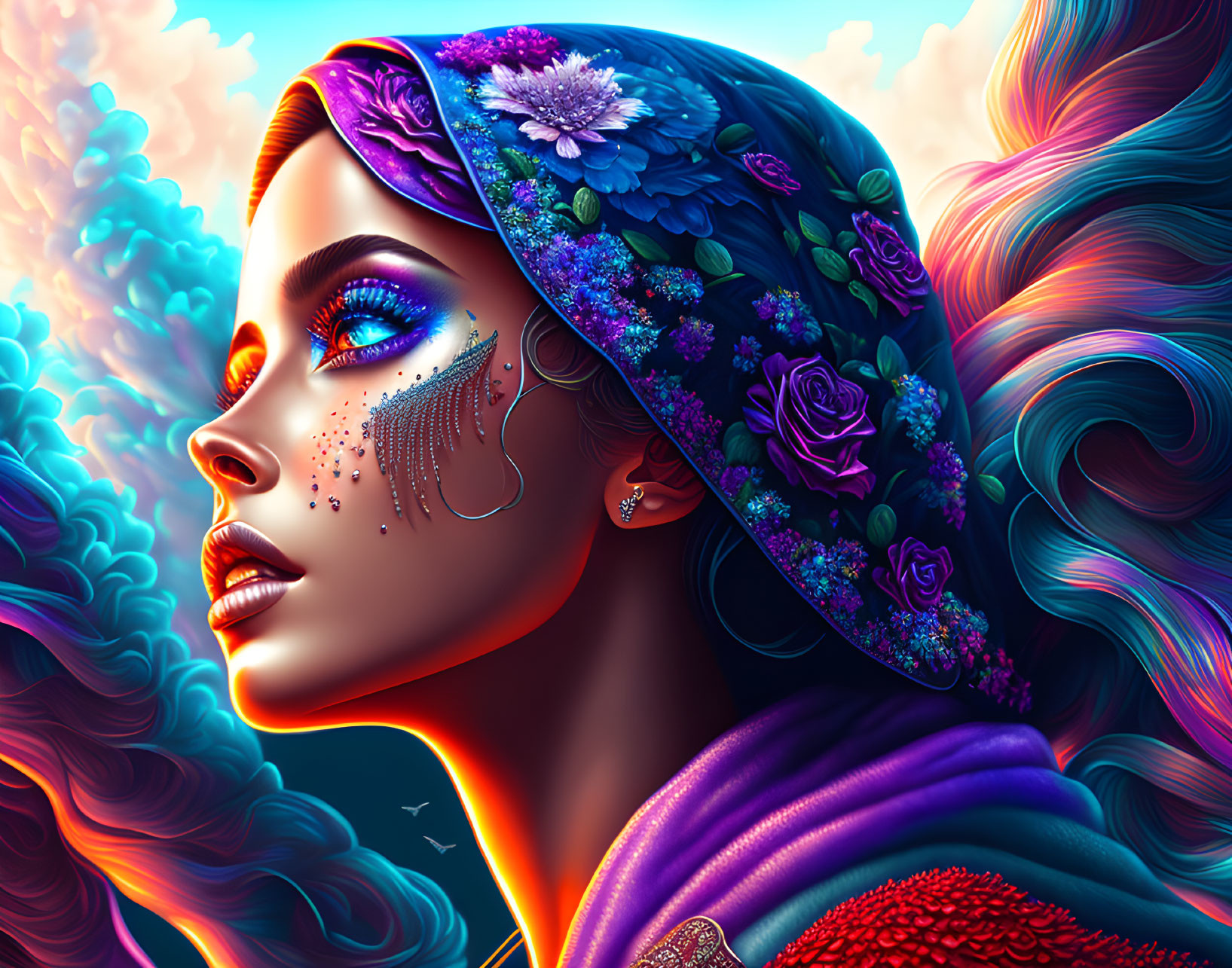 Colorful digital artwork of woman with headscarf, floral patterns, face jewels, and multicol