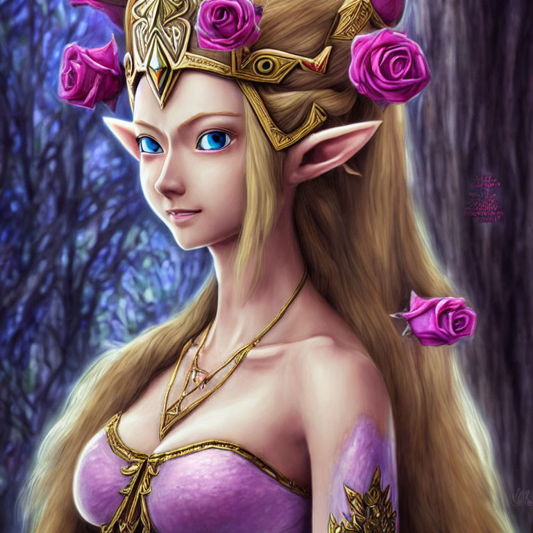 Elf illustration with pointed ears, blue eyes, golden tiara, pink roses, and purple dress.