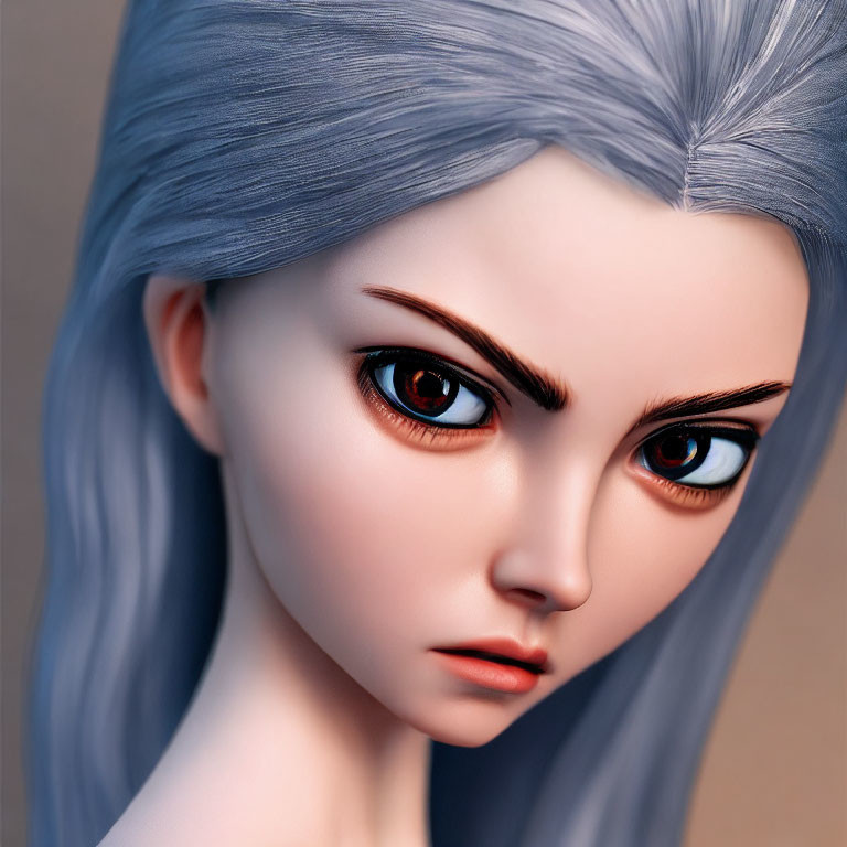 3D-animated female character with red eyes and silver hair