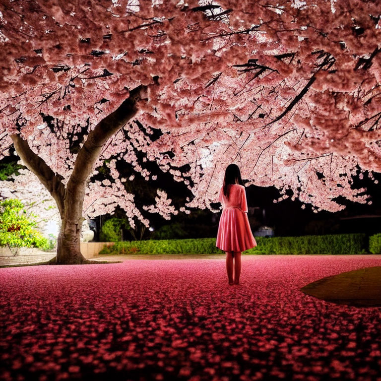 Person in Pink Dress under Cherry Blossom Canopy at Night