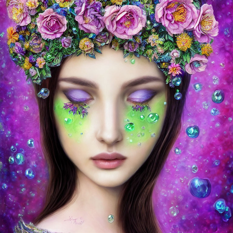 Digital artwork featuring woman with floral crown and purple eyeshadow against cosmic backdrop