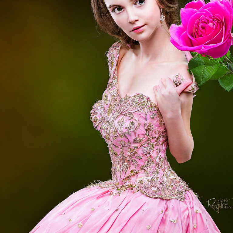 Young woman in detailed pink dress holding large rose against soft green background