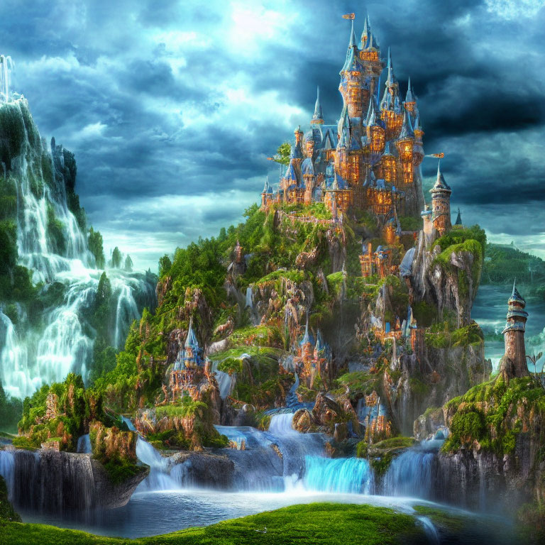 Majestic fantasy castle on cliff with waterfalls and lush greenery