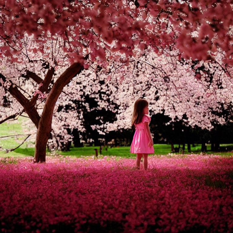 Young girl in pink dress surrounded by vibrant cherry blossoms and fallen petals