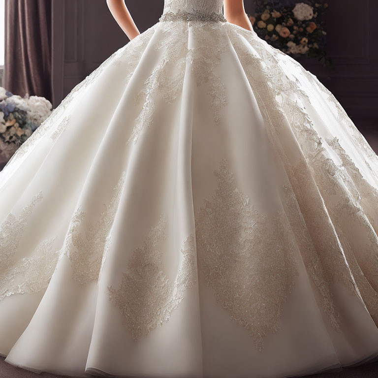 Elegant bride in white wedding dress with lace detailing against dark backdrop