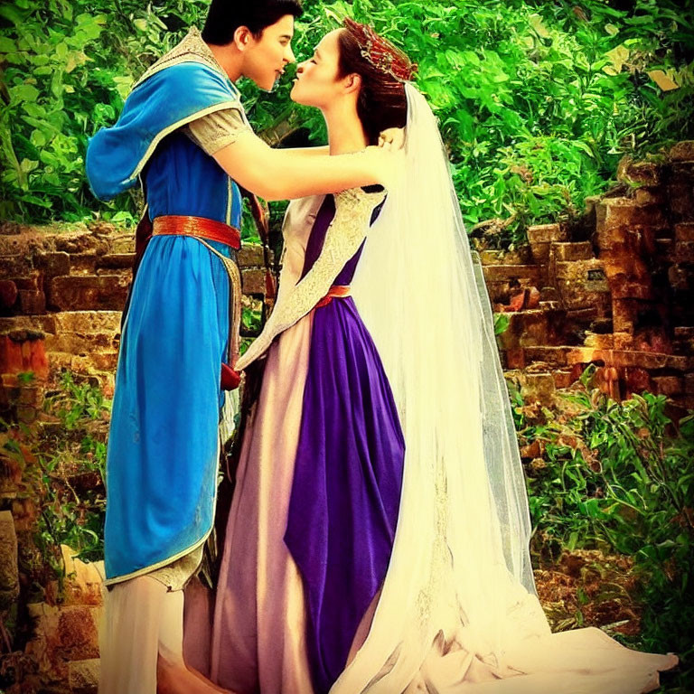 Medieval-style couple kissing in fairytale setting