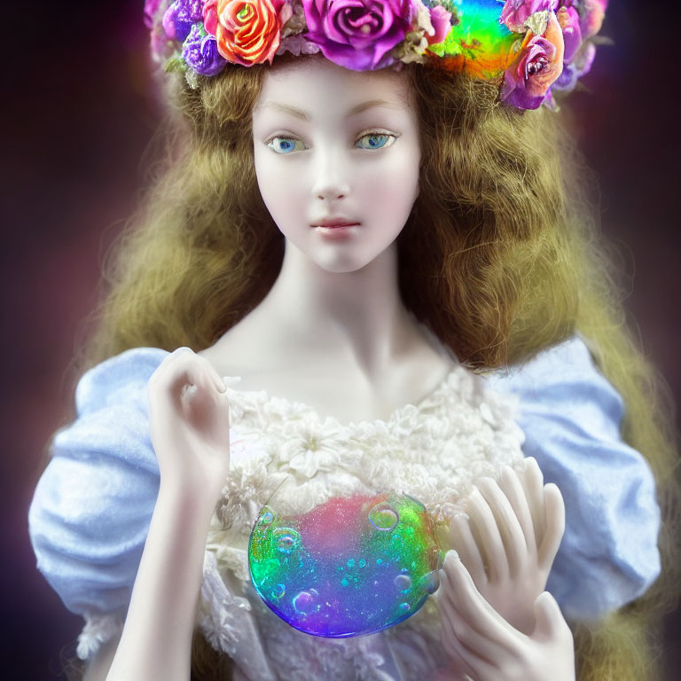 Porcelain doll with blonde hair, floral wreath, and iridescent bubble