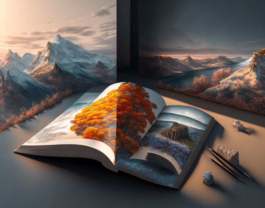 Open book with autumn tree and landscape blending into mountains under dramatic sky