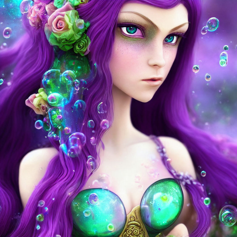 Purple-haired female with green eyes in fantasy illustration, surrounded by flowers and bubbles.