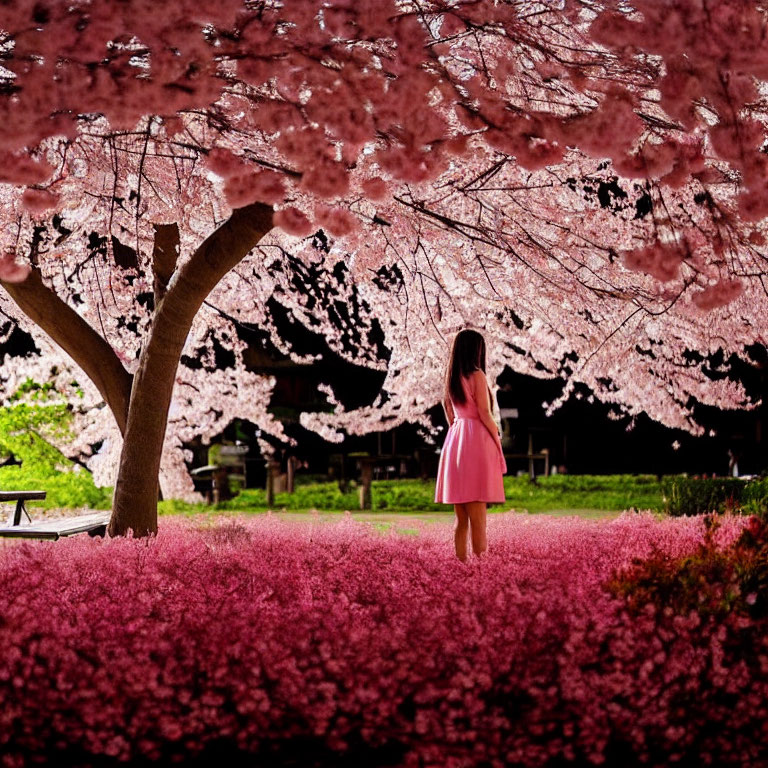 Woman in Pink Dress Surrounded by Cherry Blossoms and Petals