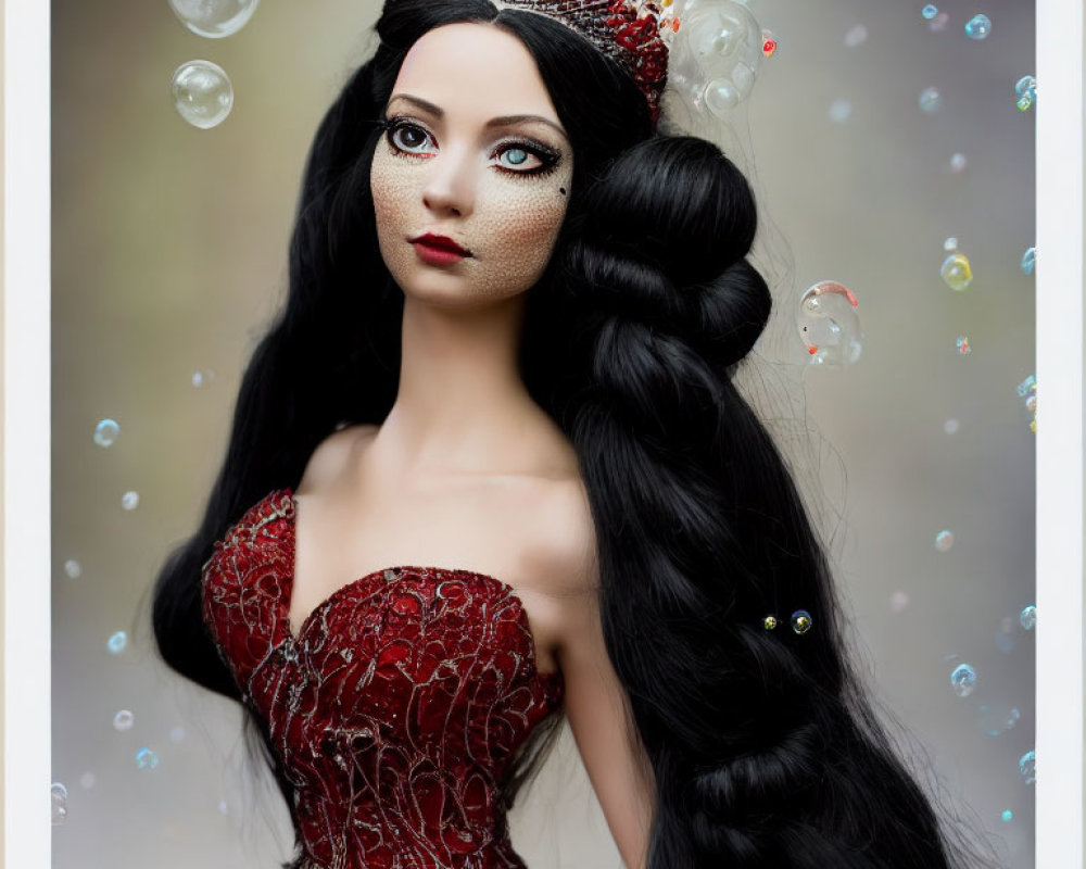 Intricately detailed doll in red dress with tiara, surrounded by soap bubbles