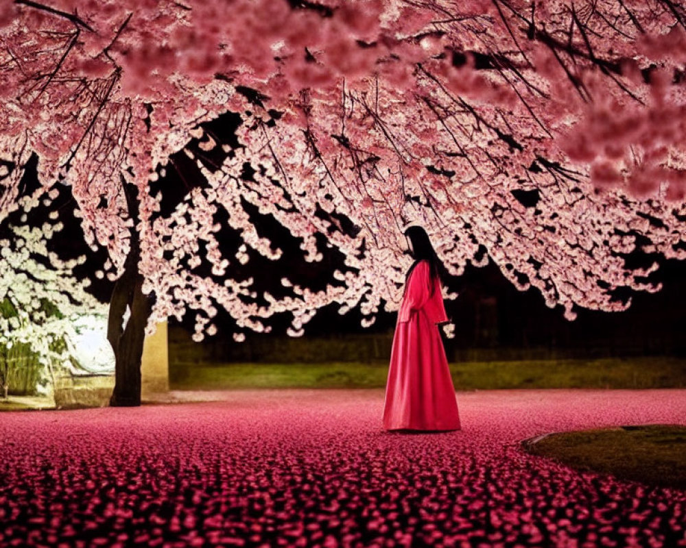 Traditional Pink Attire Figure Under Illuminated Cherry Blossoms