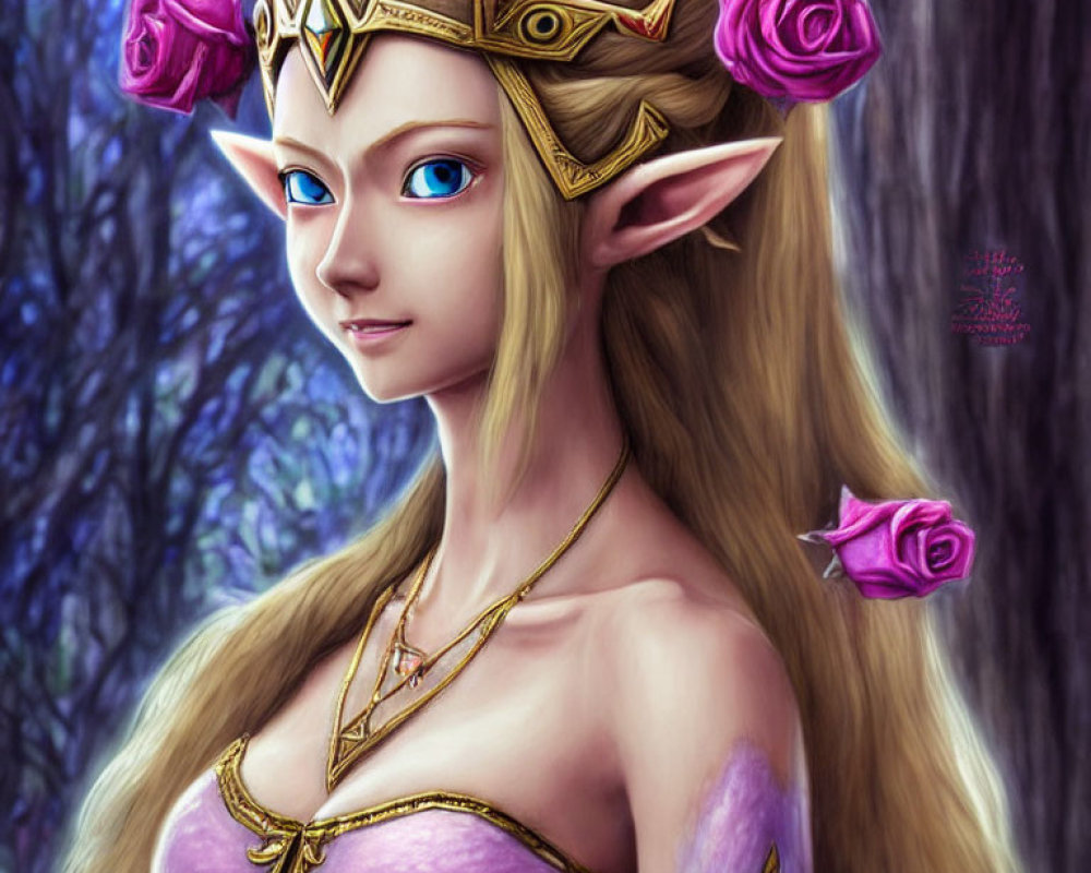 Elf illustration with pointed ears, blue eyes, golden tiara, pink roses, and purple dress.