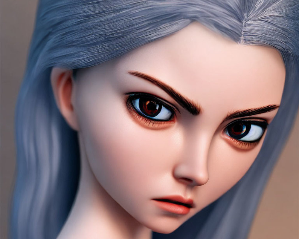 3D-animated female character with red eyes and silver hair