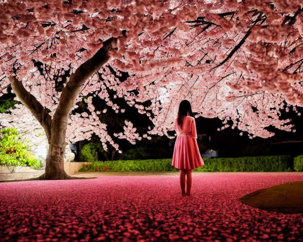 Person in Pink Dress under Cherry Blossom Canopy at Night