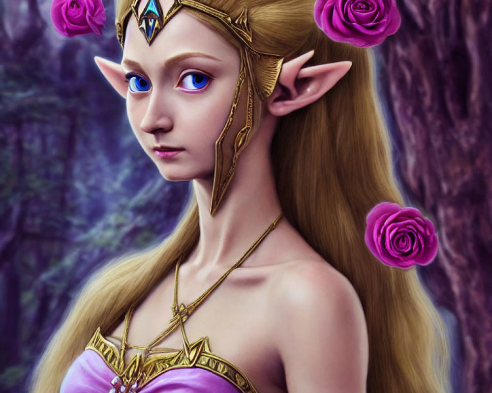 Fantasy female character with pointed ears, golden crown, purple dress, pink roses, mystical forest.