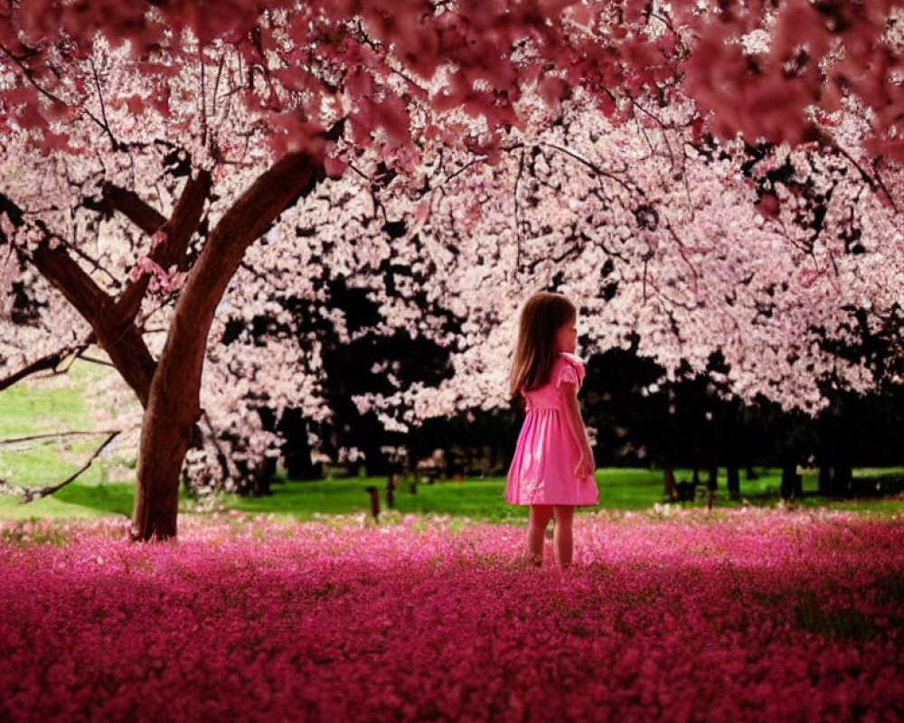 Young girl in pink dress surrounded by vibrant cherry blossoms and fallen petals