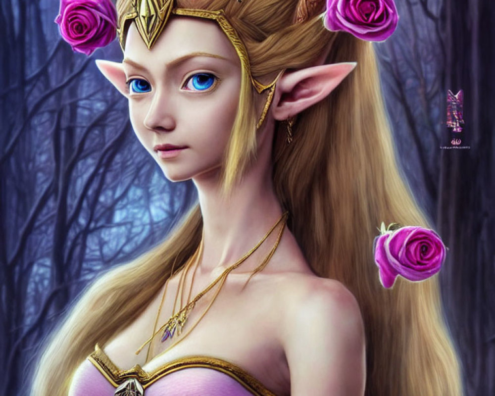 Female Elf Illustration with Golden Tiara & Purple Roses in Mystical Forest