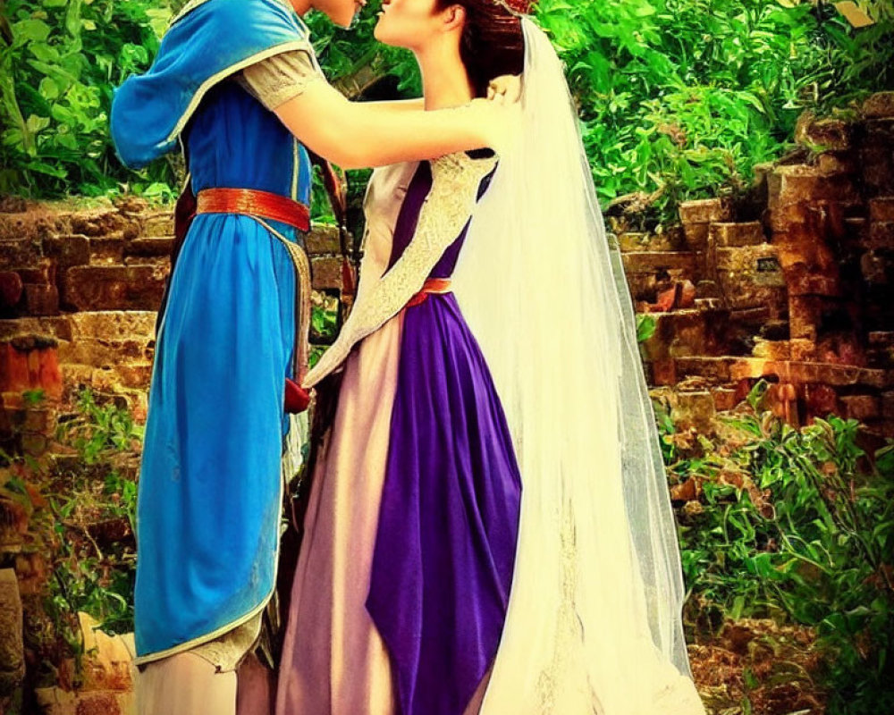 Medieval-style couple kissing in fairytale setting