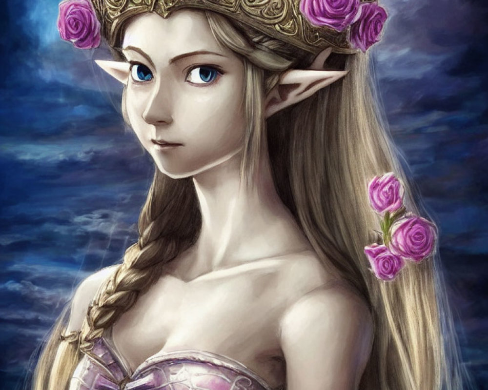 Elven queen with golden crown and purple attire in blue cloudy backdrop