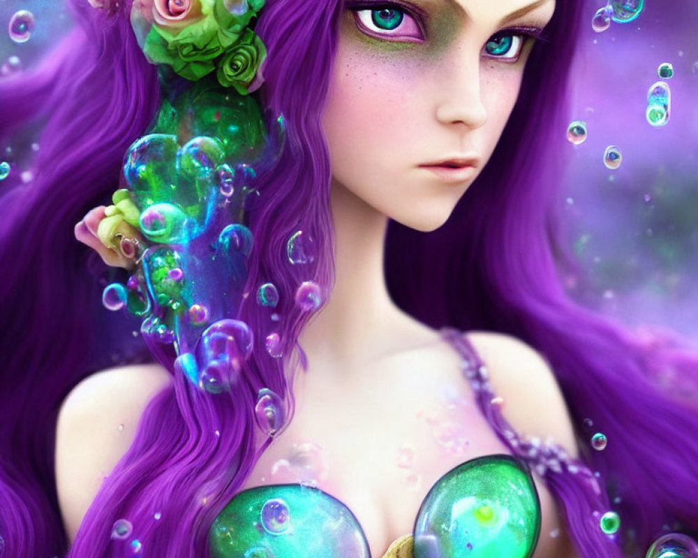 Purple-haired female with green eyes in fantasy illustration, surrounded by flowers and bubbles.