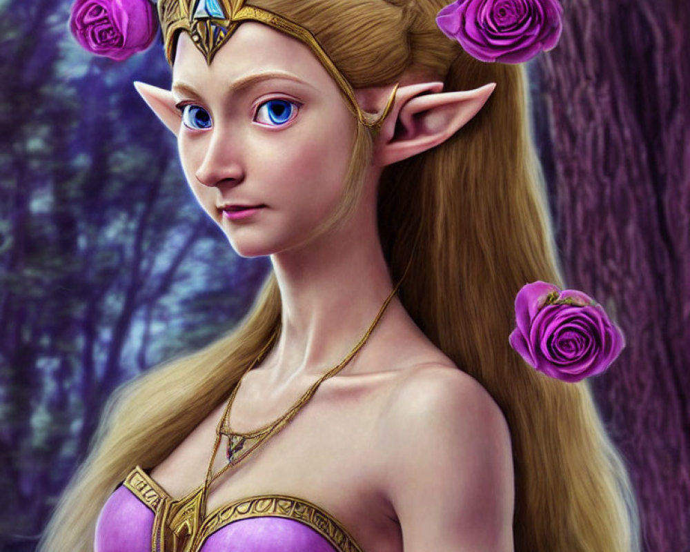 Elf woman digital artwork: blue-eyed, tiara, roses, forest background