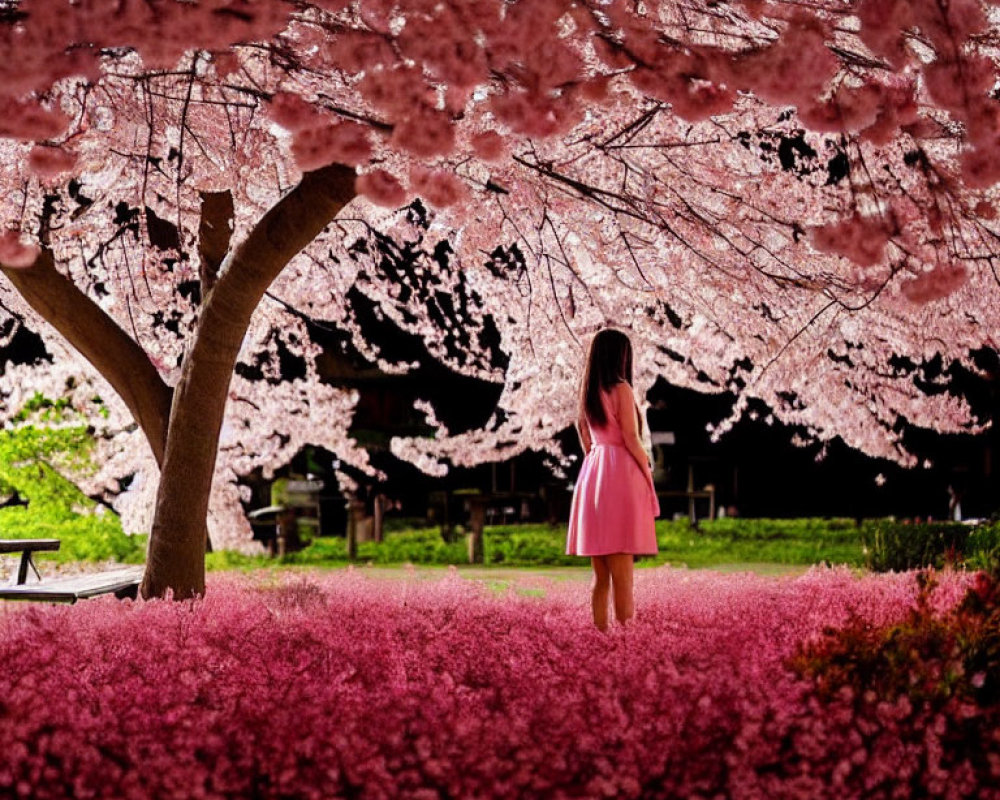 Woman in Pink Dress Surrounded by Cherry Blossoms and Petals