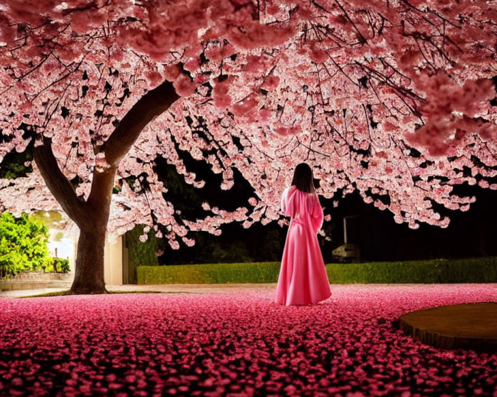 Person in Pink Dress Surrounded by Cherry Blossoms at Night