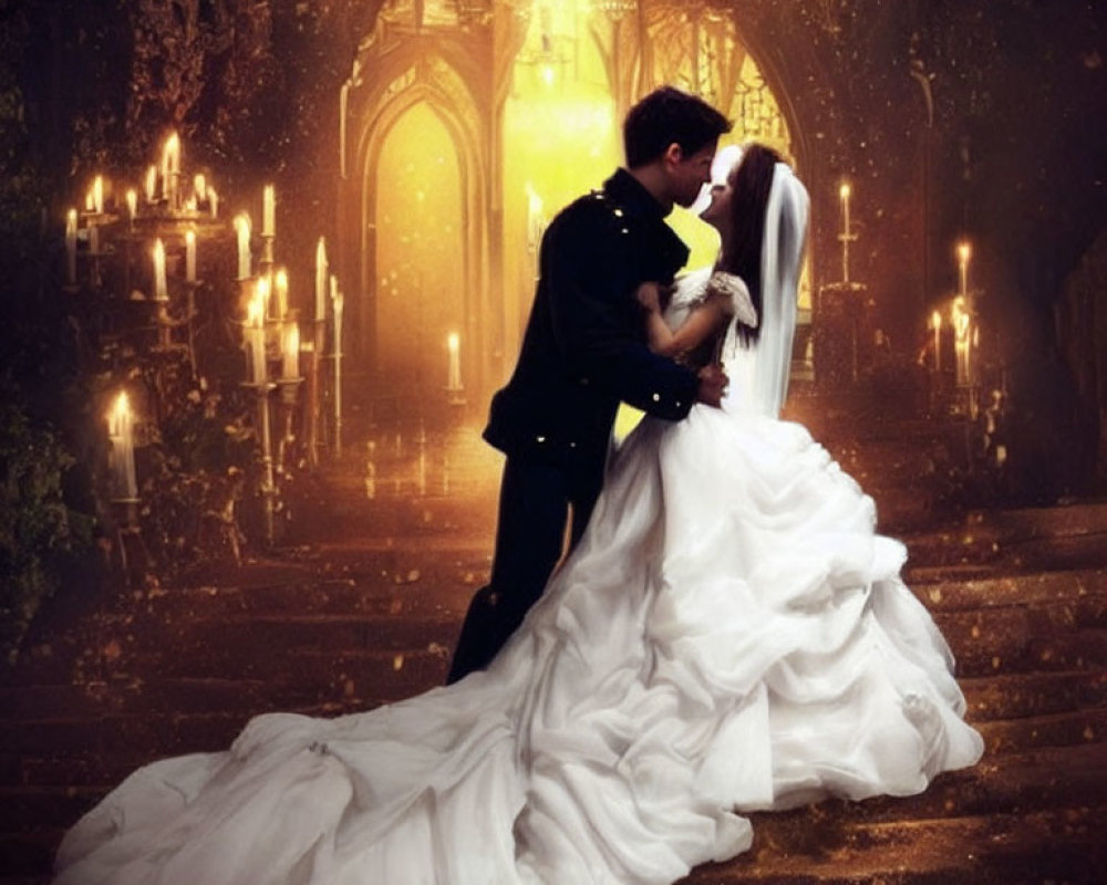 Wedding couple kissing on candlelit staircase with archway