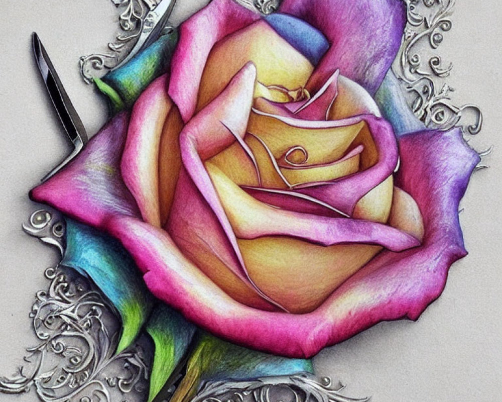 Colorful Rose Drawing with Silver Filigree Surroundings